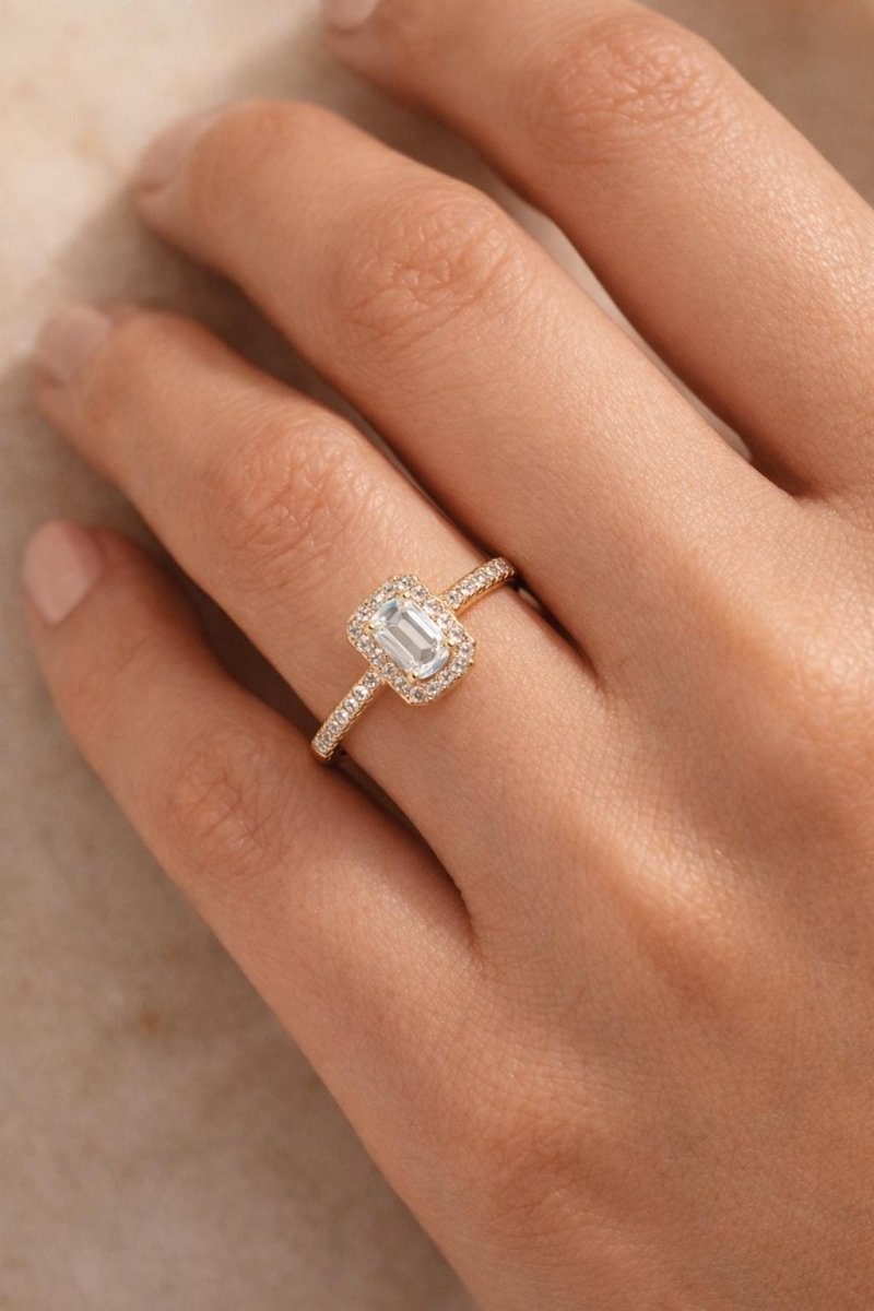 925 Sterling Silver Emerald Cut Moissanite Halo Gold Plated Ring - BeadsBoatInc