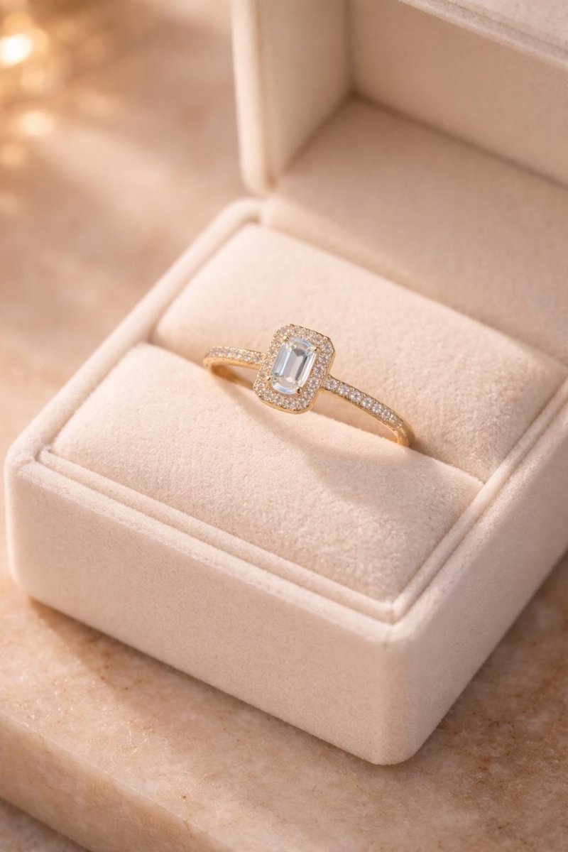925 Sterling Silver Emerald Cut Moissanite Halo Gold Plated Ring - BeadsBoatInc