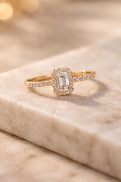 925 Sterling Silver Emerald Cut Moissanite Halo Gold Plated Ring - BeadsBoatInc