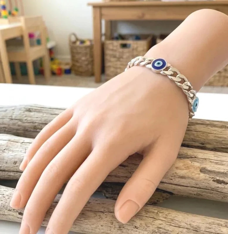 925 Sterling Silver Evil Eye Cuban Curl Bracelet for Kids, Silver Nazar Protection Bracelet - BeadsBoatInc