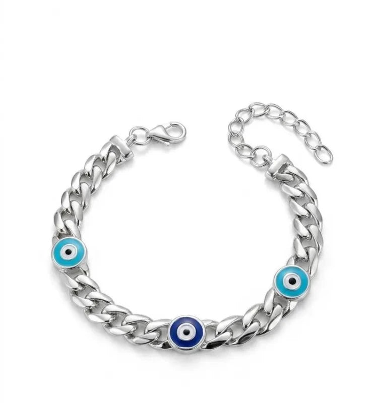 925 Sterling Silver Evil Eye Cuban Curl Bracelet for Kids, Silver Nazar Protection Bracelet - BeadsBoatInc