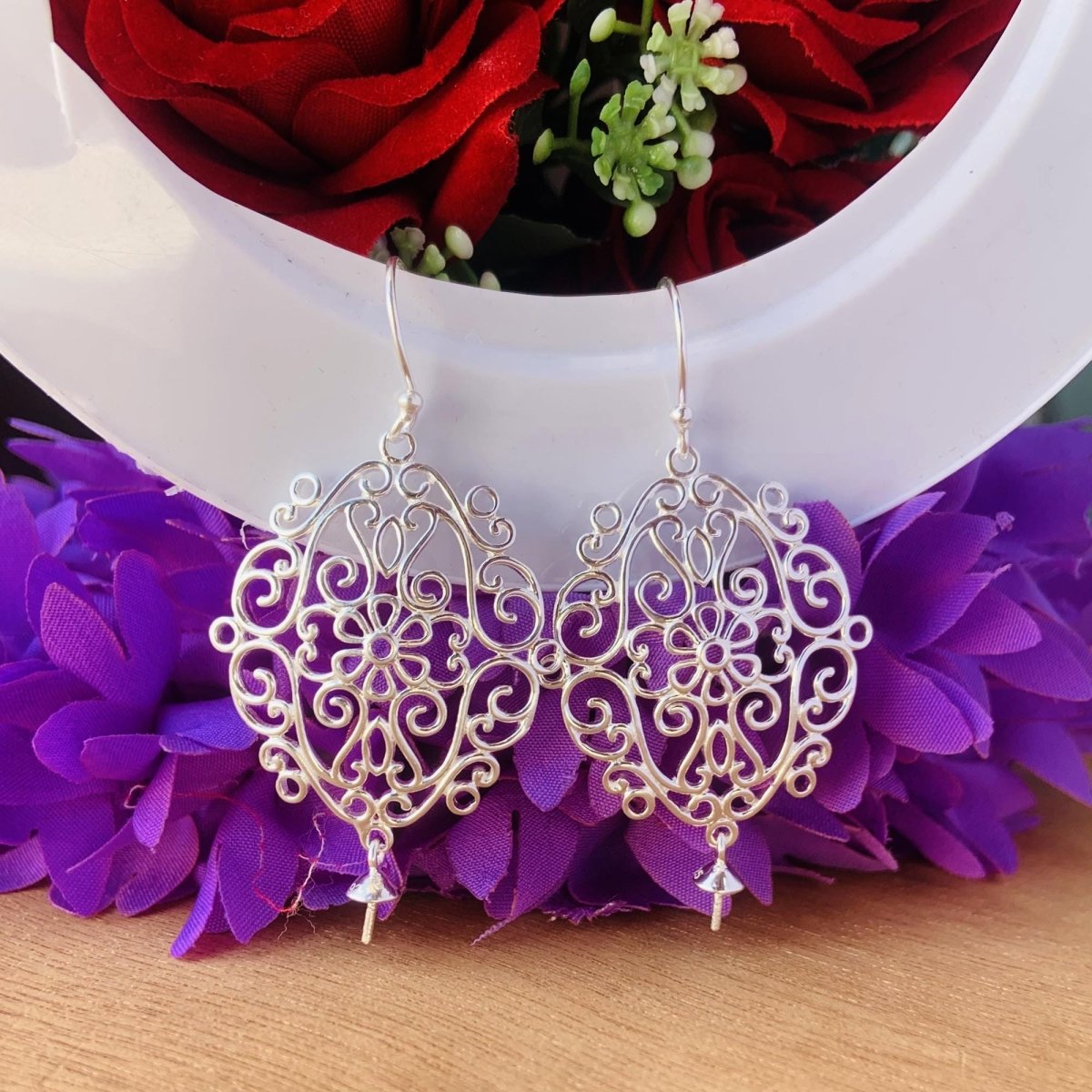 925 Sterling Silver Filigree Dangle Earrings - Boho Handmade Jewelry - BeadsBoatInc