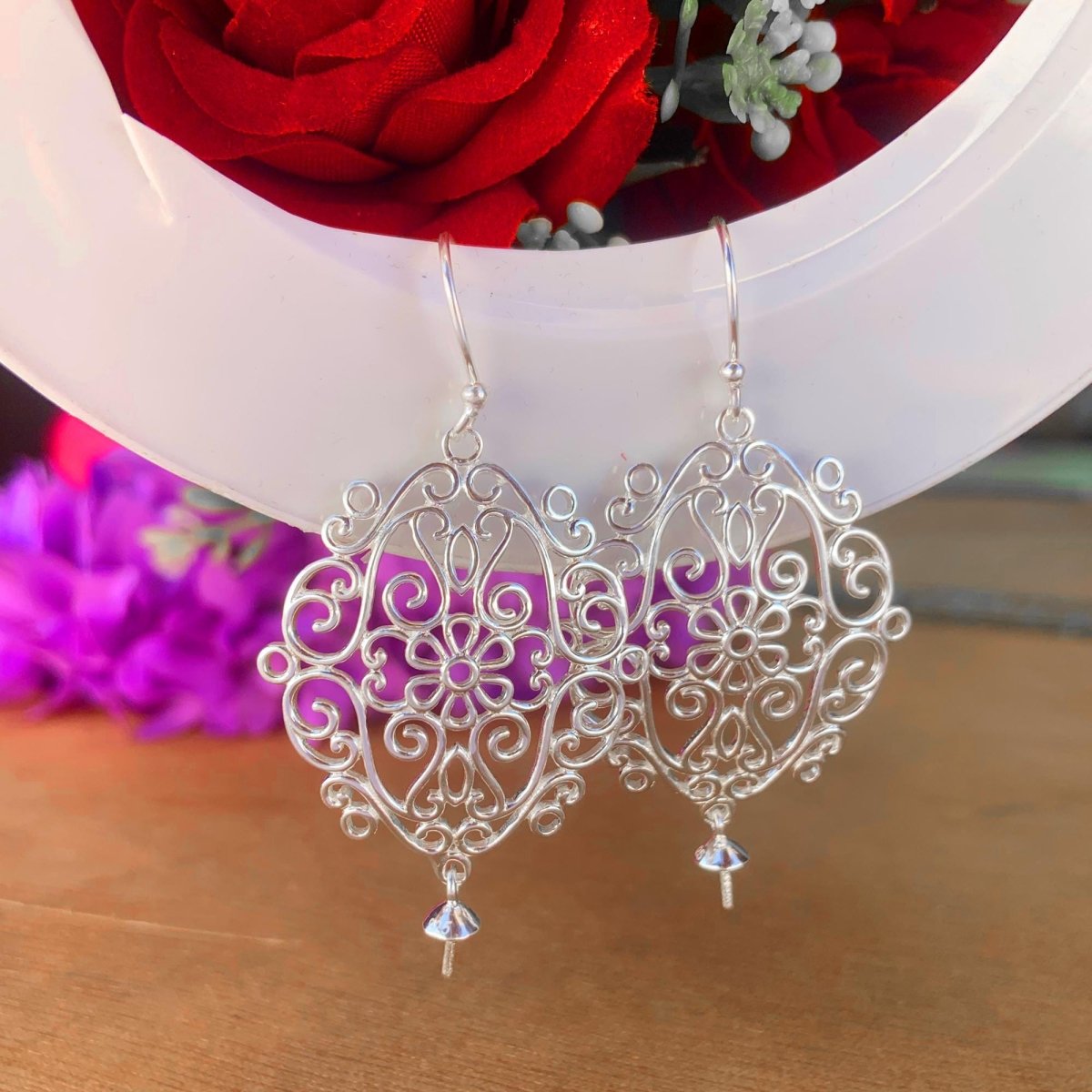 925 Sterling Silver Filigree Dangle Earrings - Boho Handmade Jewelry - BeadsBoatInc