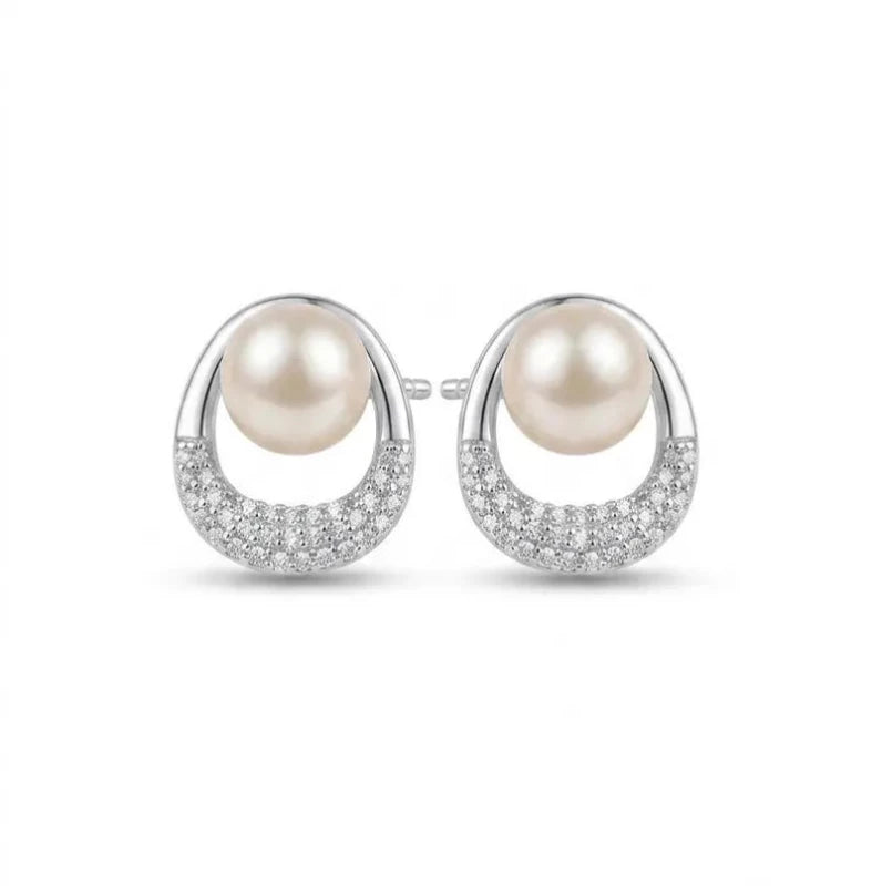 925 Sterling Silver Freshwater Pearl Stud Earrings – Pavé CZ Circle Design - BeadsBoatInc