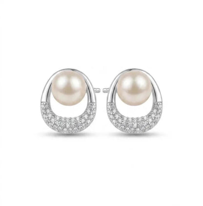 925 Sterling Silver Freshwater Pearl Stud Earrings – Pavé CZ Circle Design - BeadsBoatInc