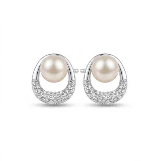 925 Sterling Silver Freshwater Pearl Stud Earrings – Pavé CZ Circle Design - BeadsBoatInc