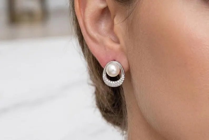 925 Sterling Silver Freshwater Pearl Stud Earrings – Pavé CZ Circle Design - BeadsBoatInc
