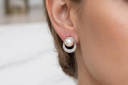 925 Sterling Silver Freshwater Pearl Stud Earrings – Pavé CZ Circle Design - BeadsBoatInc