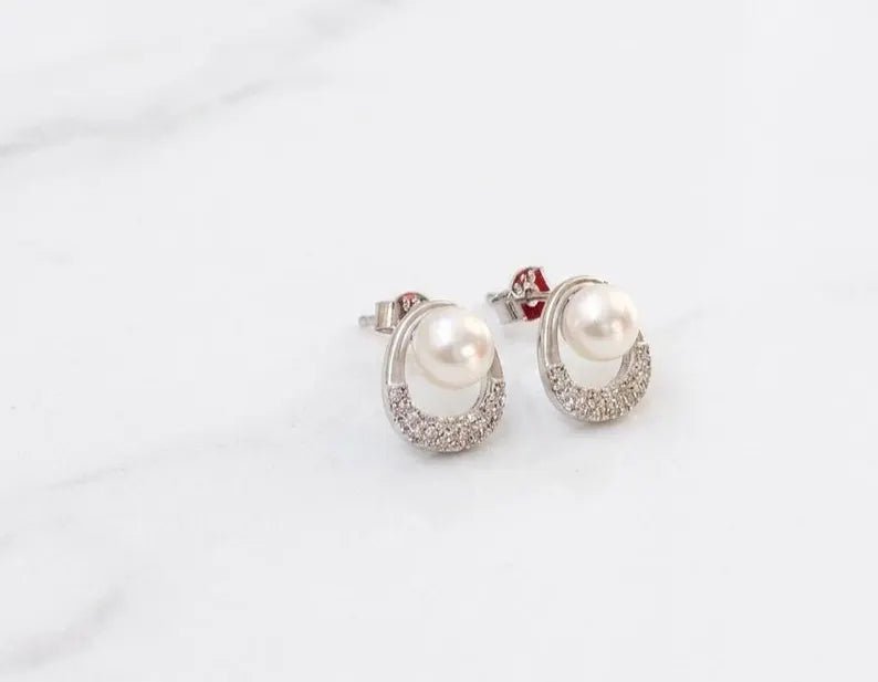 925 Sterling Silver Freshwater Pearl Stud Earrings – Pavé CZ Circle Design - BeadsBoatInc