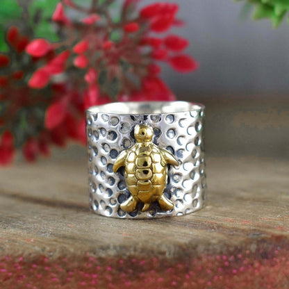 925 Sterling Silver Golden Turtle Hammered Ring - BeadsBoatInc