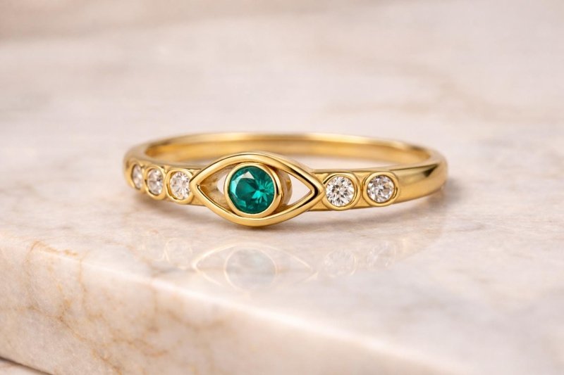 925 Sterling Silver Green CZ Eye Design Ring Gold Plated - BeadsBoatInc