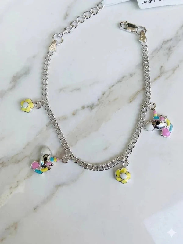 925 Sterling Silver Kids Flower Butterfly Enamel Charm Anklets - BeadsBoatInc