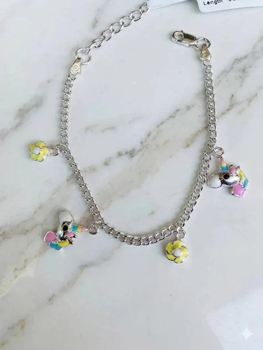 925 Sterling Silver Kids Flower Butterfly Enamel Charm Anklets - BeadsBoatInc