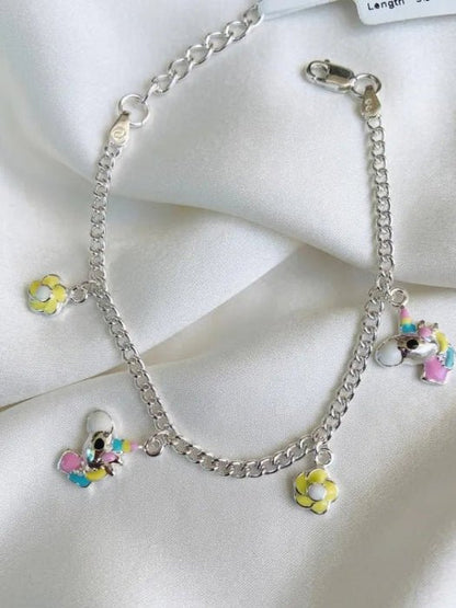 925 Sterling Silver Kids Flower Butterfly Enamel Charm Anklets - BeadsBoatInc