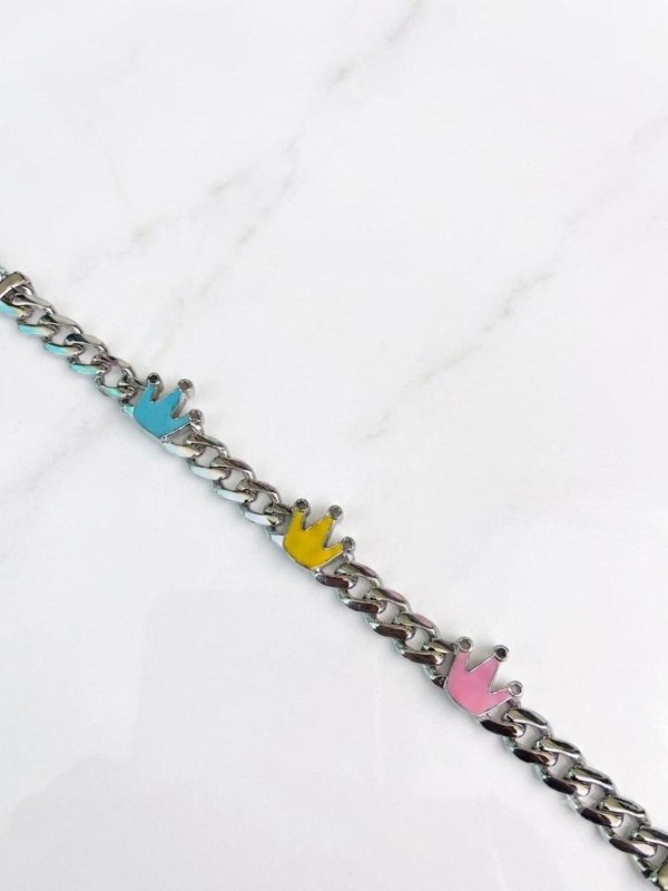 925 Sterling Silver Multicolour Enamel Crown Charms Baby Bracelet - BeadsBoatInc