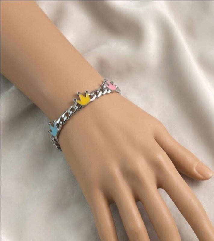 925 Sterling Silver Multicolour Enamel Crown Charms Baby Bracelet - BeadsBoatInc