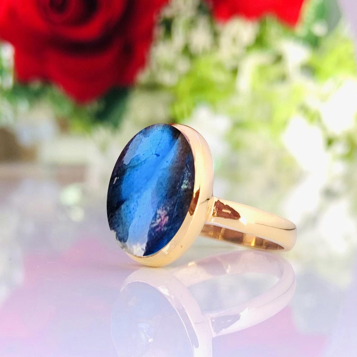 925 Sterling Silver Oval Labradorite Ring - Gold Plated - BeadsBoatInc