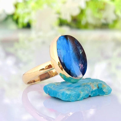 925 Sterling Silver Oval Labradorite Ring - Gold Plated - BeadsBoatInc