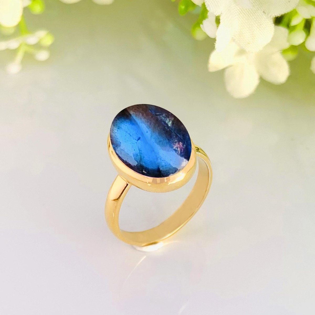 925 Sterling Silver Oval Labradorite Ring - Gold Plated - BeadsBoatInc