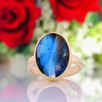925 Sterling Silver Oval Labradorite Ring - Gold Plated - BeadsBoatInc