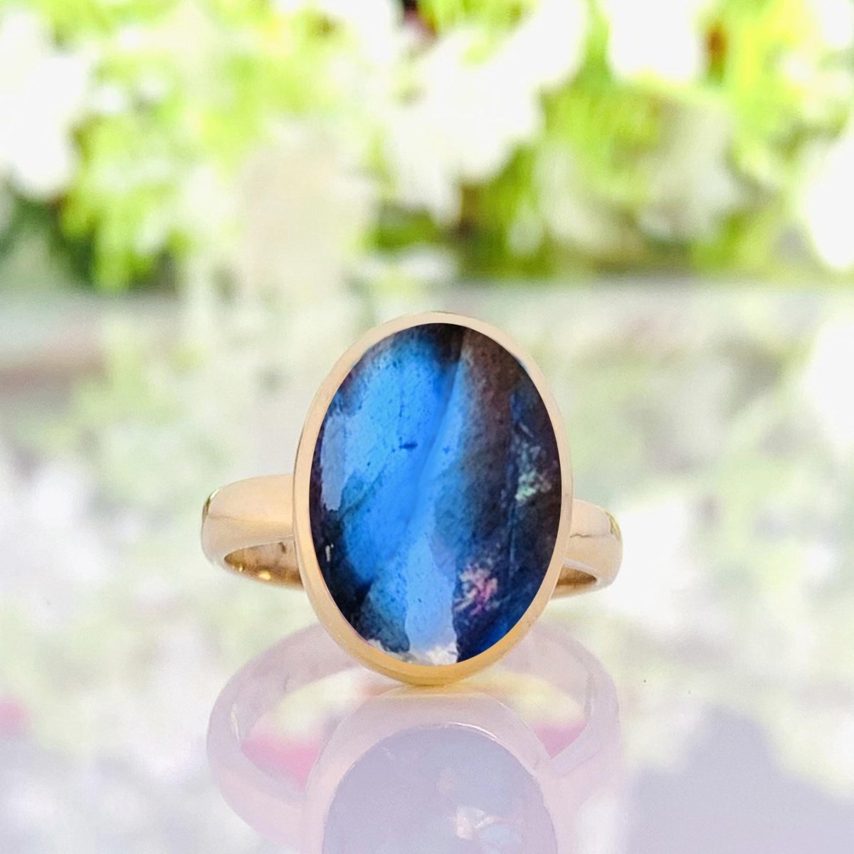 925 Sterling Silver Oval Labradorite Ring - Gold Plated - BeadsBoatInc