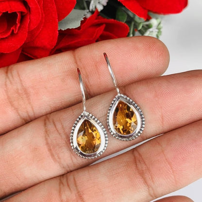 925 Sterling Silver Pear Cut Citrine Dangle Earrings - Gift for Her - BeadsBoatInc