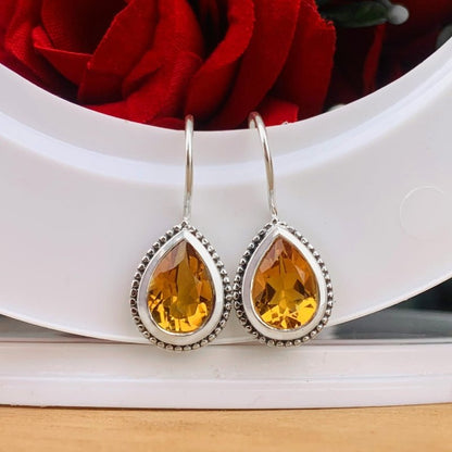 925 Sterling Silver Pear Cut Citrine Dangle Earrings - Gift for Her - BeadsBoatInc