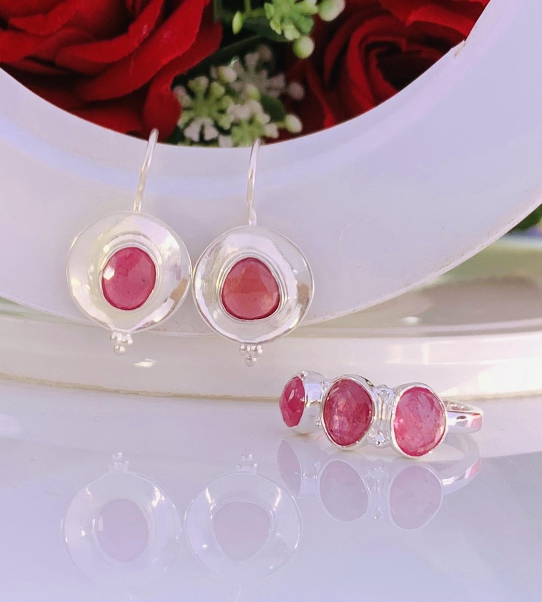 925 Sterling Silver Rose Cut Ruby Dangle Earrings - BeadsBoatInc