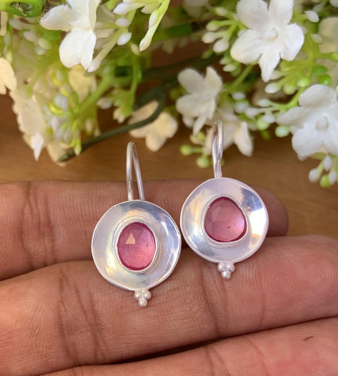 925 Sterling Silver Rose Cut Ruby Dangle Earrings - BeadsBoatInc