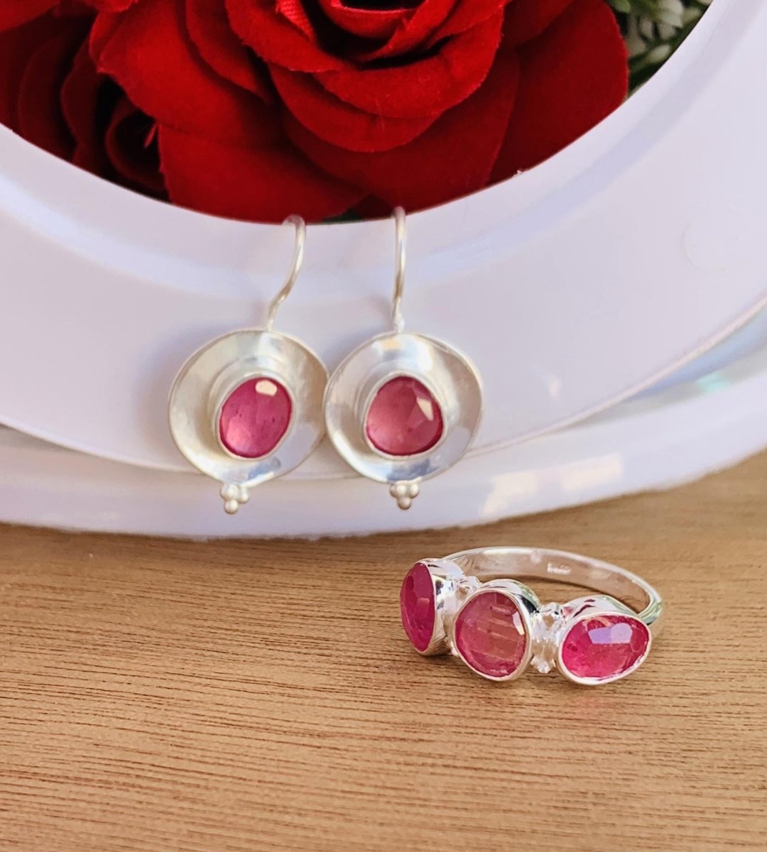 925 Sterling Silver Rose Cut Ruby Dangle Earrings - BeadsBoatInc