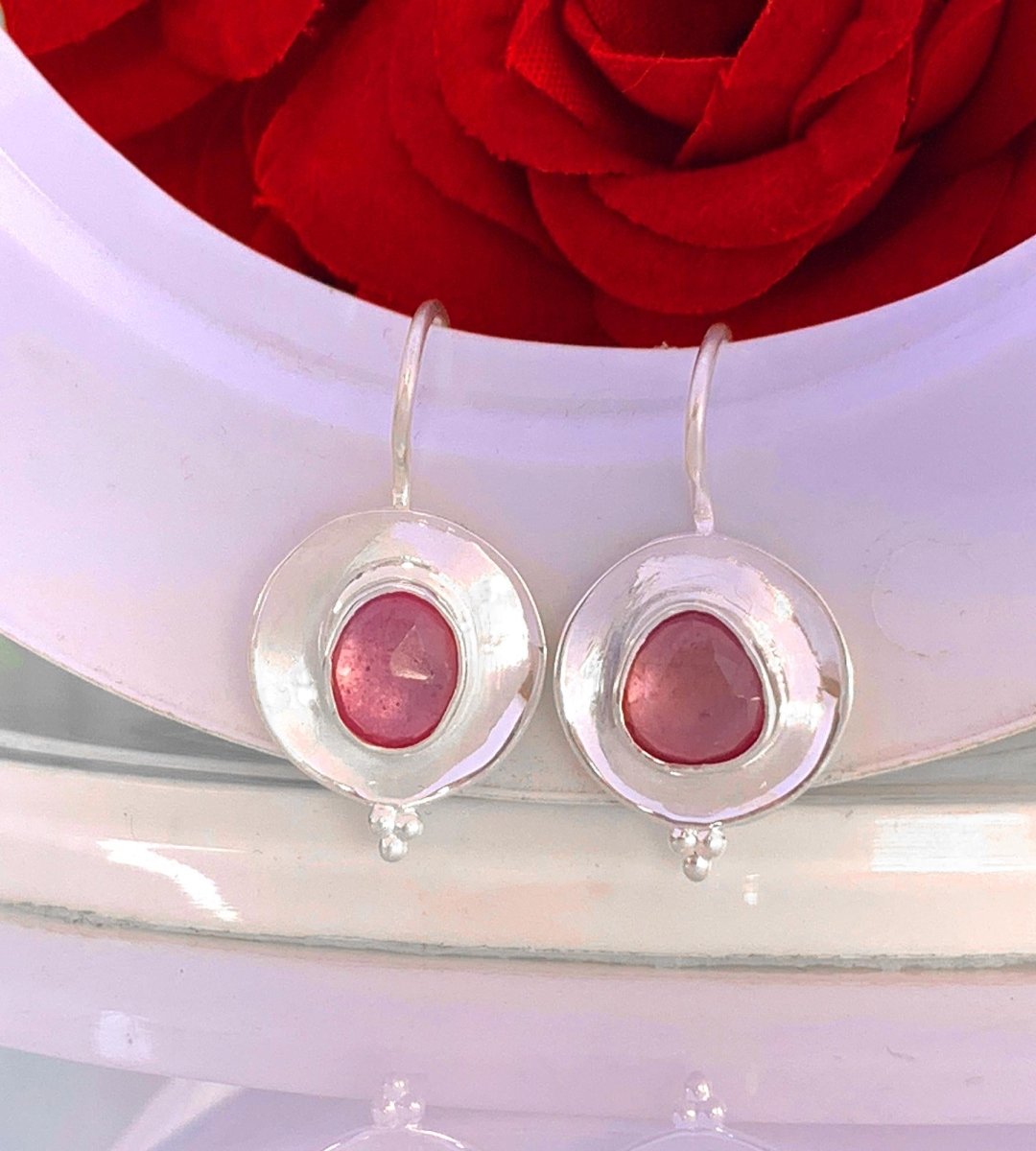 925 Sterling Silver Rose Cut Ruby Dangle Earrings - BeadsBoatInc