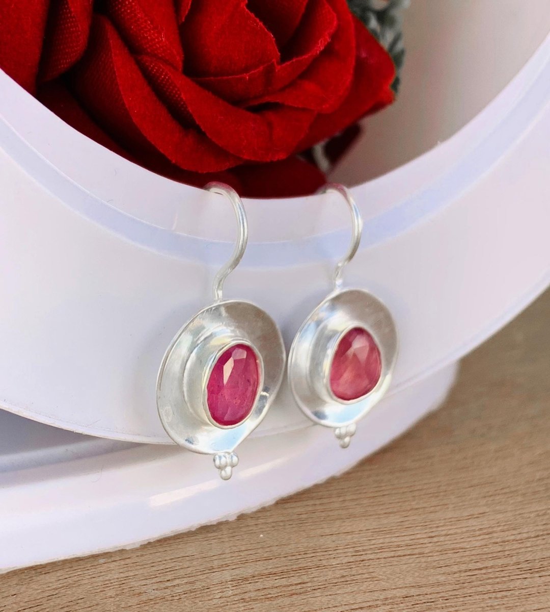 925 Sterling Silver Rose Cut Ruby Dangle Earrings - BeadsBoatInc