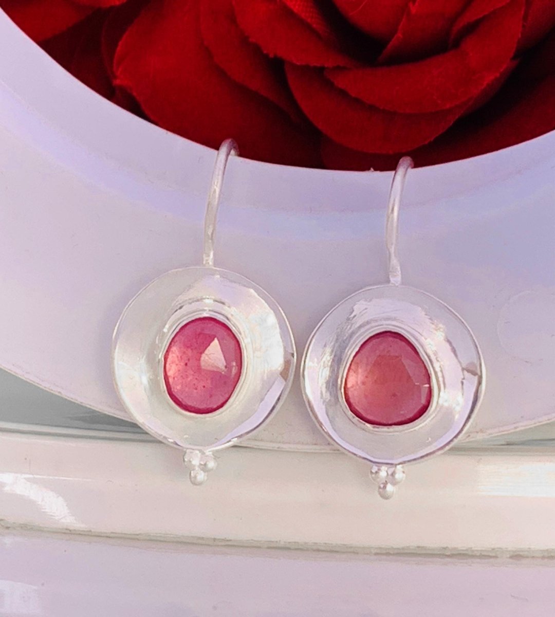 925 Sterling Silver Rose Cut Ruby Dangle Earrings - BeadsBoatInc