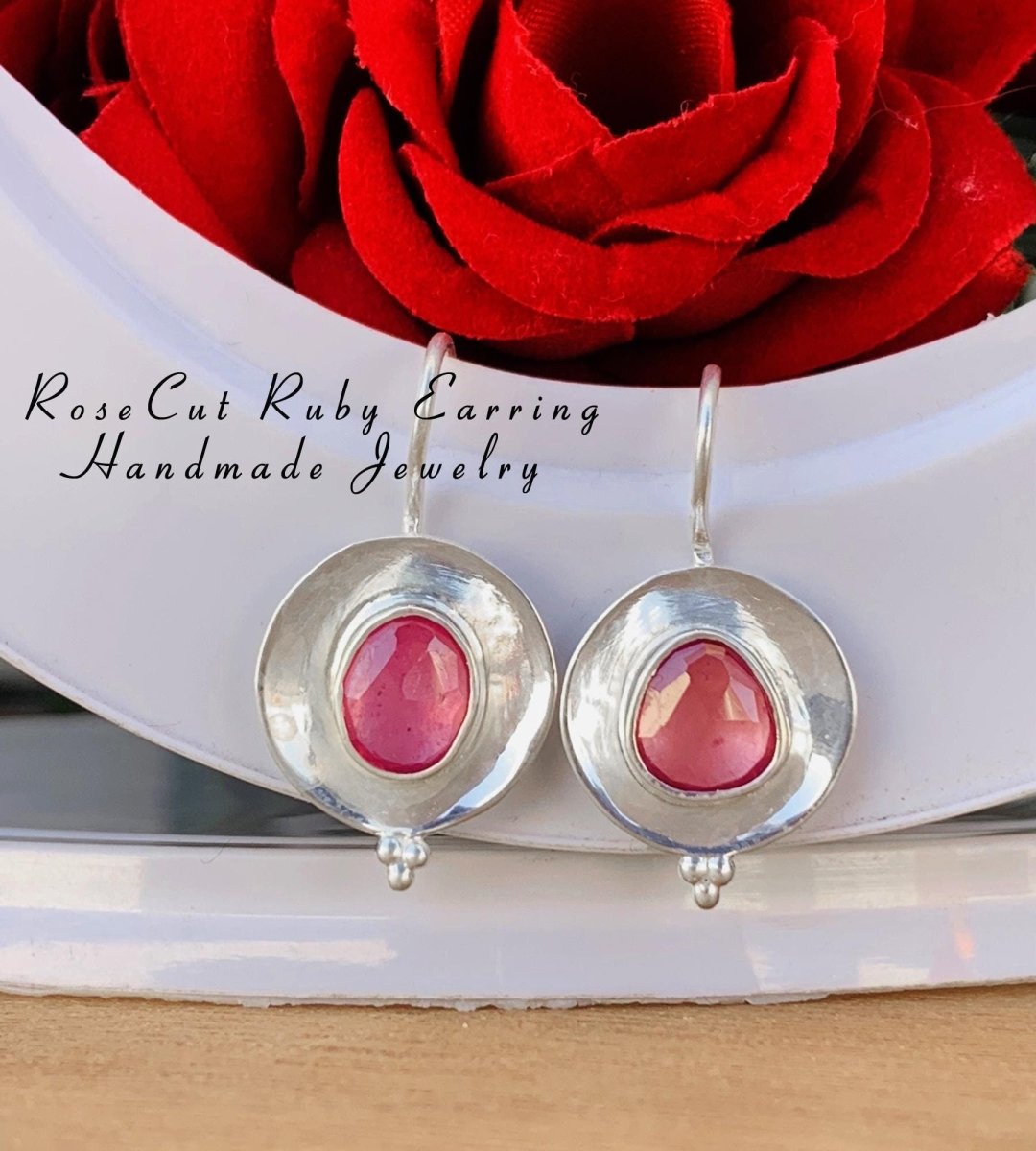 925 Sterling Silver Rose Cut Ruby Dangle Earrings - BeadsBoatInc