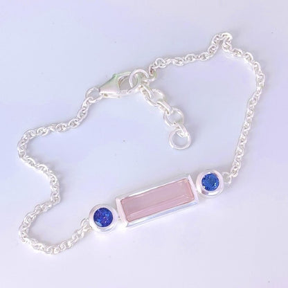 925 Sterling Silver Rose Quartz & Tanzanite Chain Bracelet - Gift for Her - BeadsBoatInc