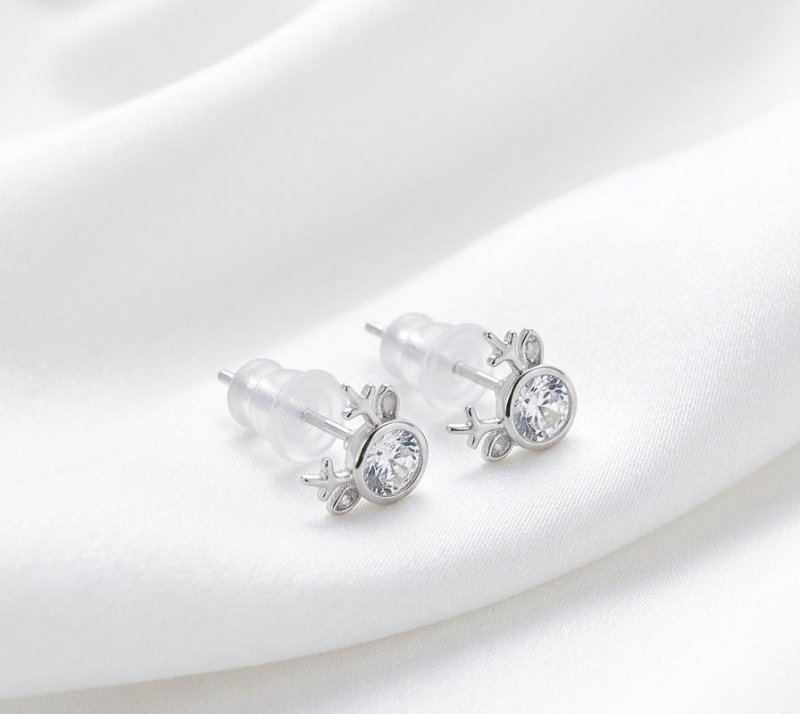 925 Sterling Silver Sparkling Cubic Zirconia Reindeer Stud Earrings - BeadsBoatInc