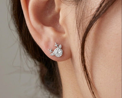 925 Sterling Silver Sparkling Cubic Zirconia Reindeer Stud Earrings - BeadsBoatInc