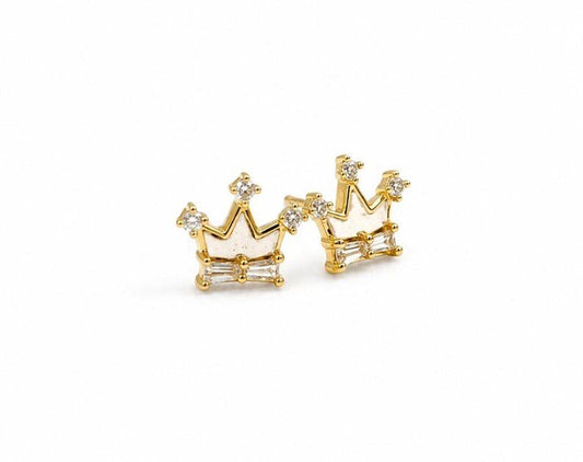 925 Sterling Silver White Enamel Cubic Zircon Crown Stud Earrings - BeadsBoatInc