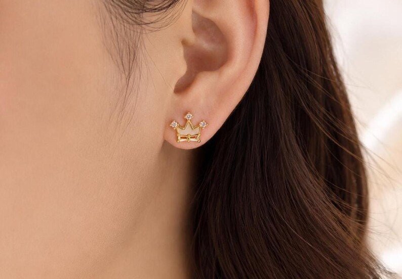 925 Sterling Silver White Enamel Cubic Zircon Crown Stud Earrings - BeadsBoatInc