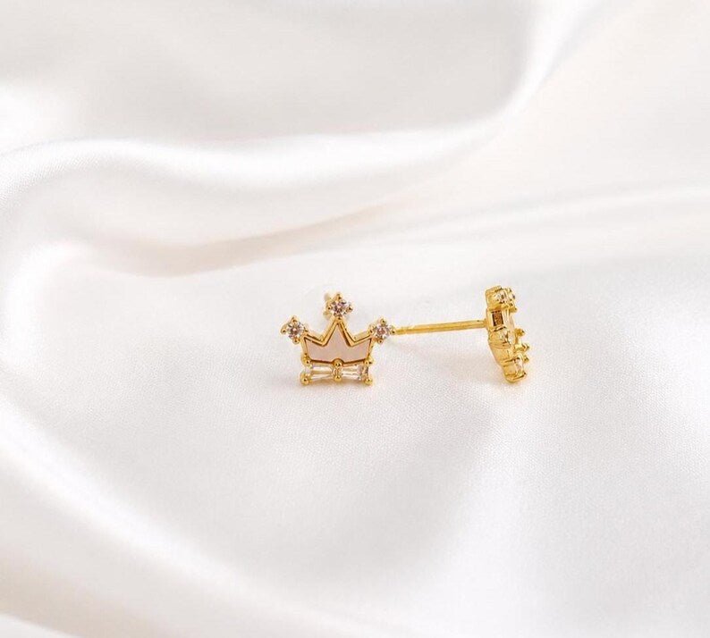 925 Sterling Silver White Enamel Cubic Zircon Crown Stud Earrings - BeadsBoatInc