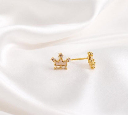 925 Sterling Silver White Enamel Cubic Zircon Crown Stud Earrings - BeadsBoatInc