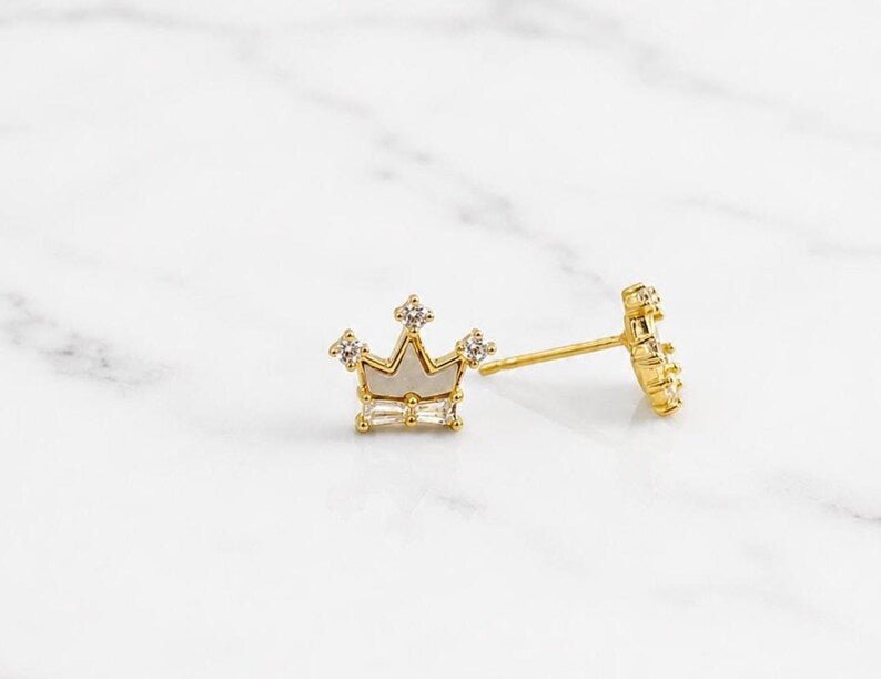 925 Sterling Silver White Enamel Cubic Zircon Crown Stud Earrings - BeadsBoatInc