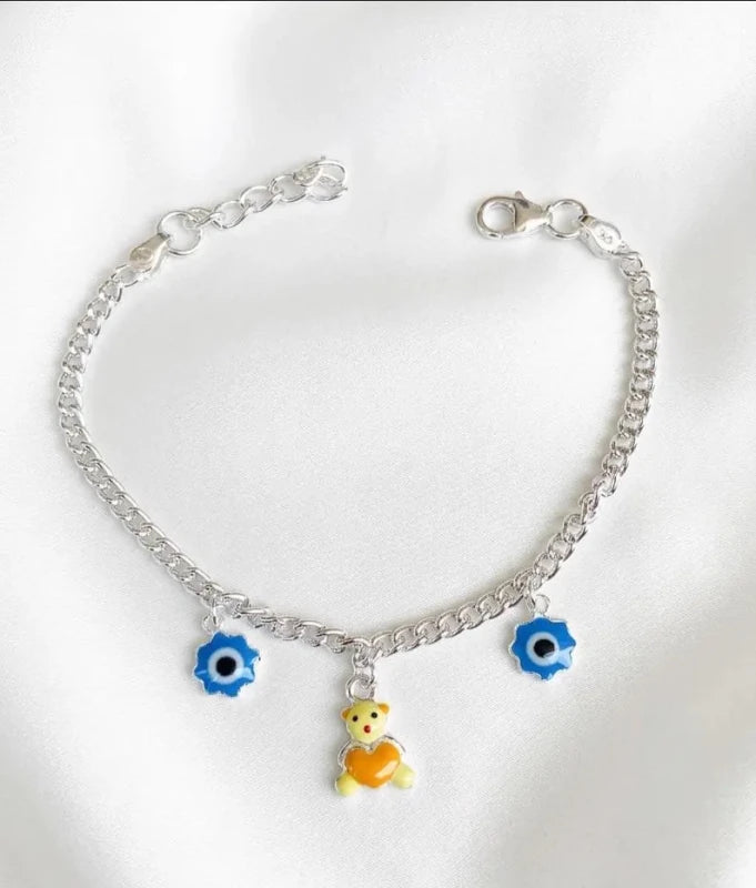 925 Sterling Silver Yellow Bear & Blue Evil Eye Teddy Bear Heart Charm Anklet - BeadsBoatInc