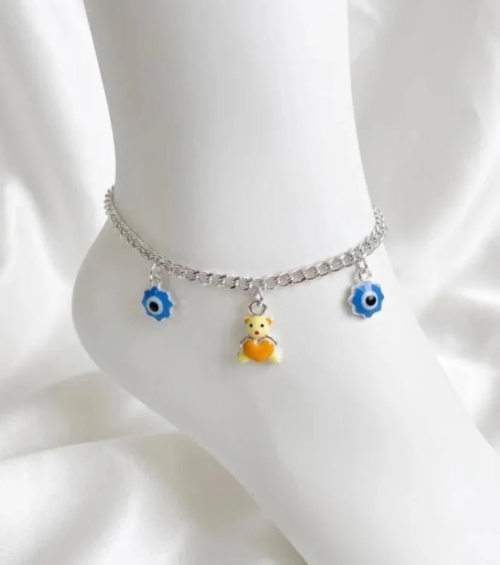 925 Sterling Silver Yellow Bear & Blue Evil Eye Teddy Bear Heart Charm Anklet - BeadsBoatInc