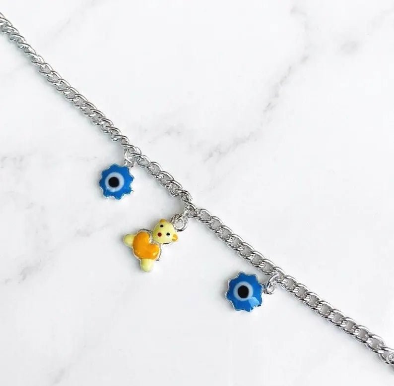 925 Sterling Silver Yellow Bear & Blue Evil Eye Teddy Bear Heart Charm Anklet - BeadsBoatInc