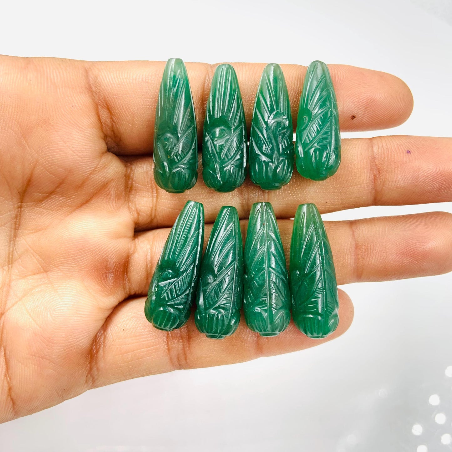 Hand Carved Green Jade Briolette Beads: Drop Shape Gemstone Pair (9x26mm