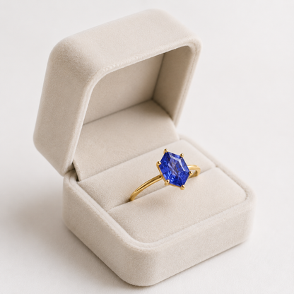 Lab Grown Tanzanite Engagement Ring in 14K Gold, Elongated Hexagon Solitaire