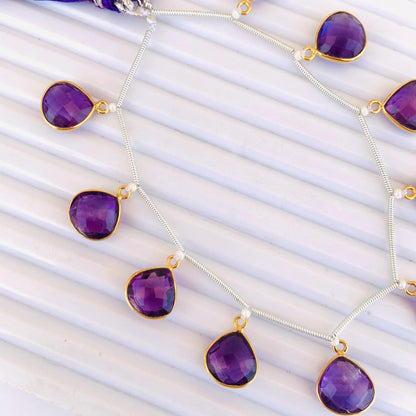 Natural Amethyst Heart Shape Bezel Connector 925 Silver Gold Plated 10 Pcs