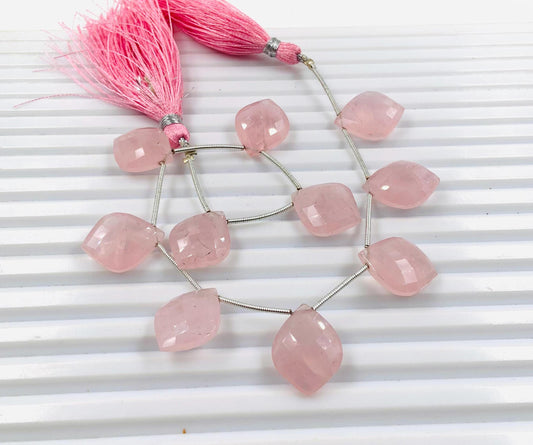 10 Pieces Natural Rose Quartz Carved Fancy Cut Shape Gemstone Briolette Side Drill Beads Line | Faceted Gemstone Beads. BBI1011