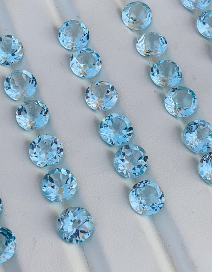Natural Blue Topaz Faceted Round Cut Stones | Calibrated Loose Gemstones for Jewelry